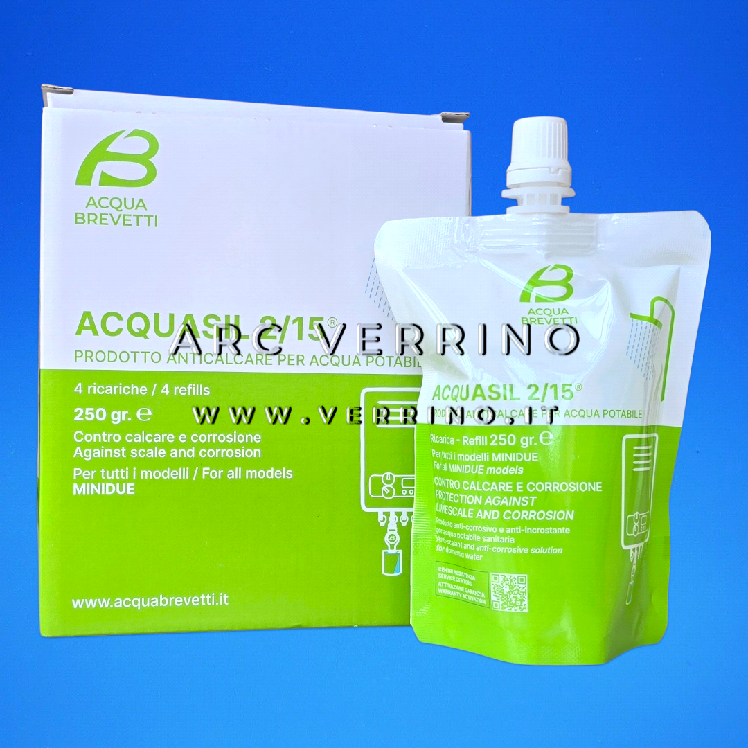 Anticorrosivo e antincrostante Acqua Brevetti ACQUASIL 2/15 ricariche per acqua potabile sanitaria | per tutti i modelli di pompe MiniDUE - Confezione 4 ricariche da 250 gr. - ARC VERRINO ROMA E GROTTAFERRATA