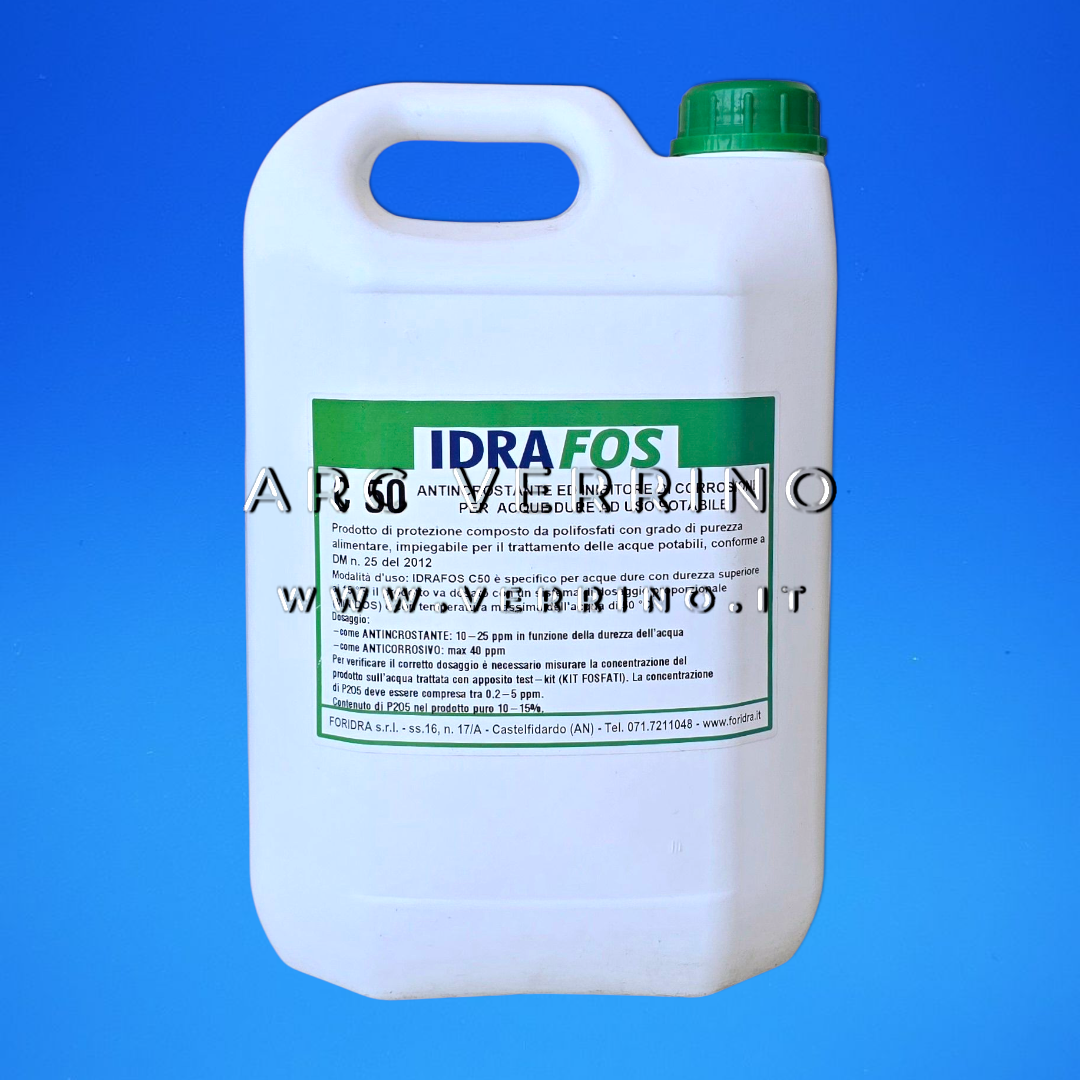 Antincrostante liquido Foridra IDRAFOS C 50 con inibitore di corrosione per acqua potabile e sanitaria | Tanica 5 Kg