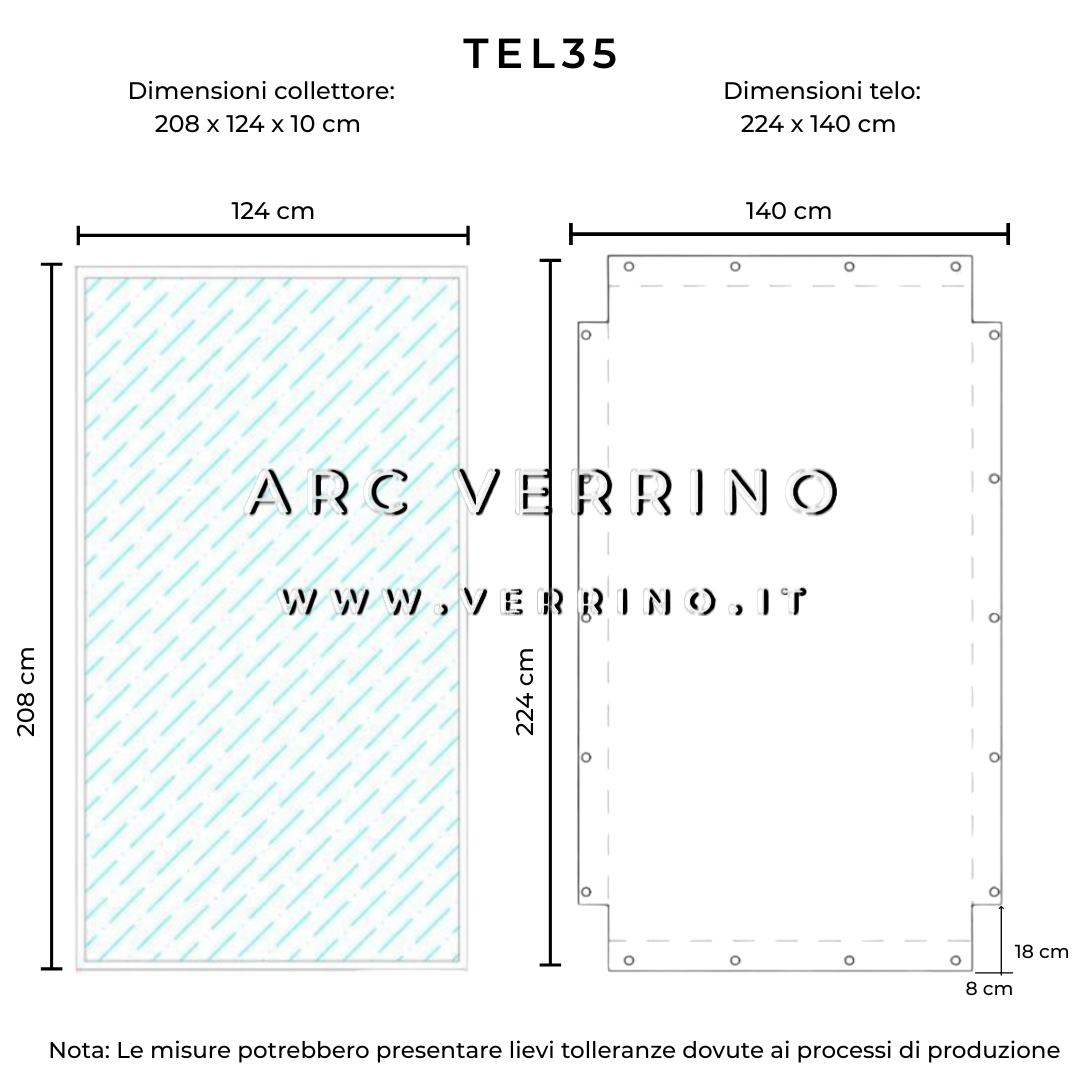 Disegno telo bianco di copertura in PVC impermeabile e non infiammabile per pannelli solari  - 224 x 140 cm - per collettori solari | TEL 35 - ARC VERRINO ROMA E GROTTAFERRATA