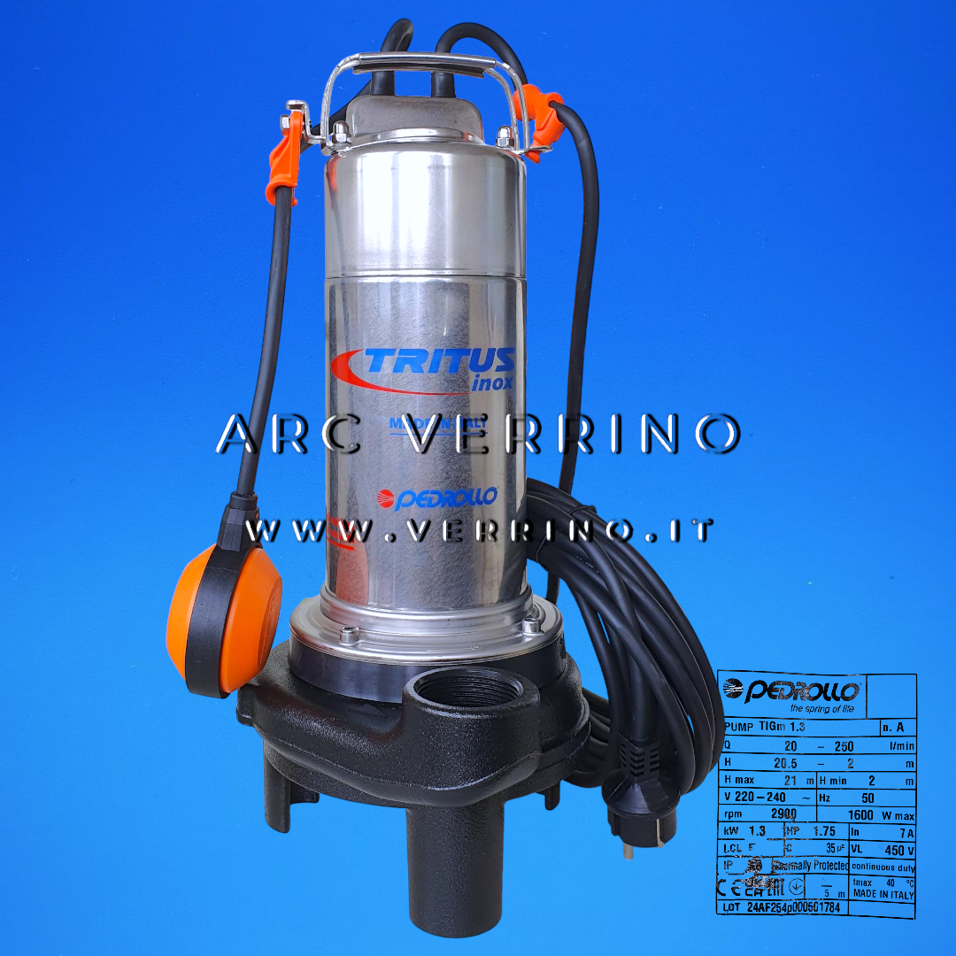 Elettropompa sommergibile Pedrollo TRITUS INOX TIGm 1.3 - 48SHTG130A1 | con trituratore inox e galleggiante verticale