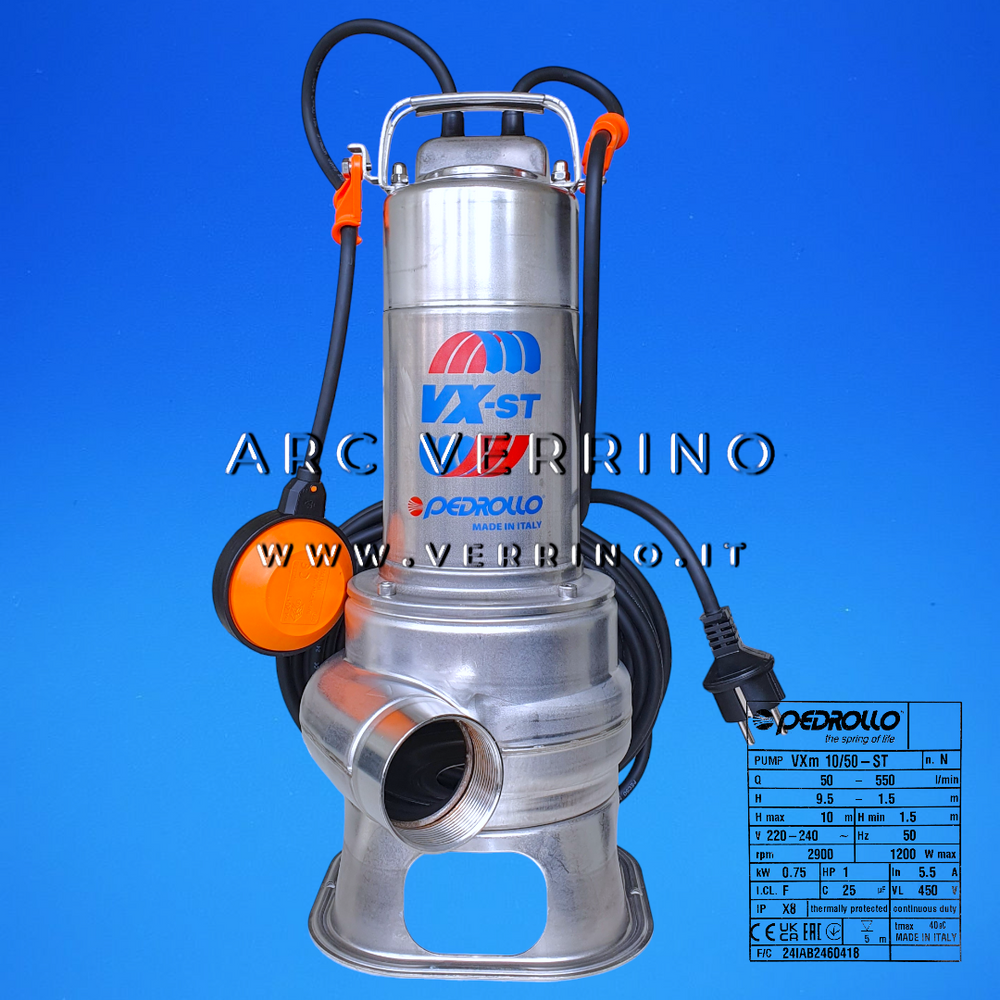 Elettropompa sommergibile Pedrollo VXm 10/50-ST VORTEX - 48SGV96E0A1U | con galleggiante a filo