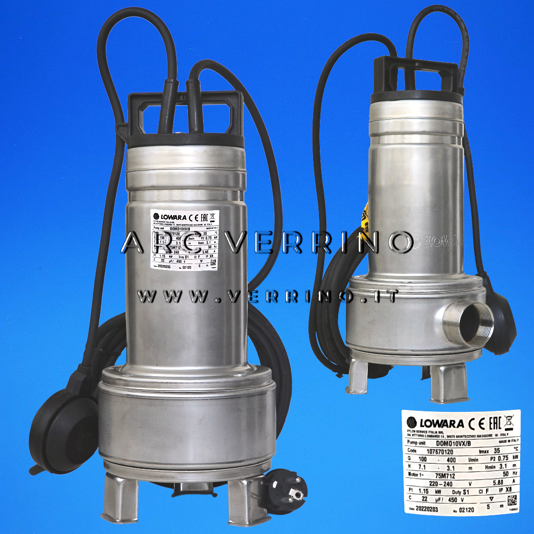 Elettropompa sommergibile Xylem Lowara DOMO 10 VX/B - 107670120 | con galleggiante a filo e girante Vortex in acciaio inossidabile - ARC VERRINO