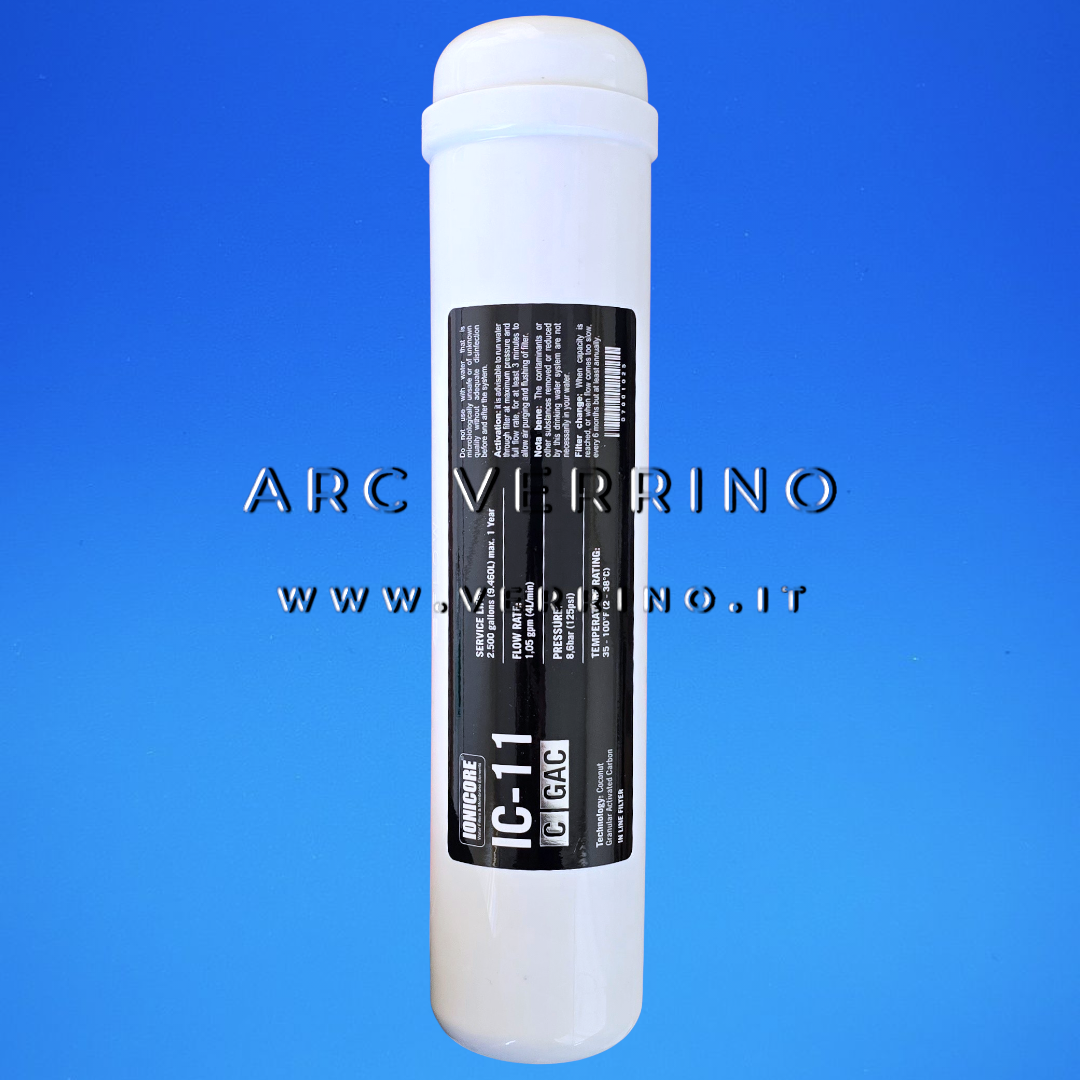 Filtro in linea Ionicore IC-11 C GAC per acqua potabile - Batteriostatico | GAC - 1/4'' BSP - ARC VERRINO