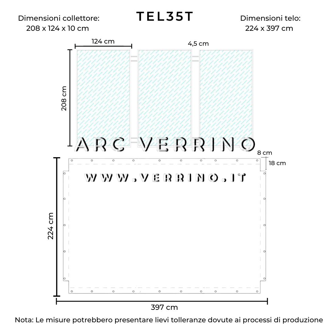 Progettazione su misura per telo di copertura in PVC triplo per pannelli solari termici - telone impermeabile - misura 397 x 224 cm - per collettori solari | TEL 35 T - ARC VERRINO GROTTAFERRATA E ROMA