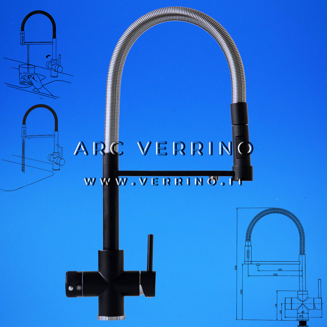 Rubinetto miscelatore 5 Vie - nero opaco 5310NE con doccetta | Lavello Cucina - per sistemi di trattamento acqua potabile - ARC VERRINO