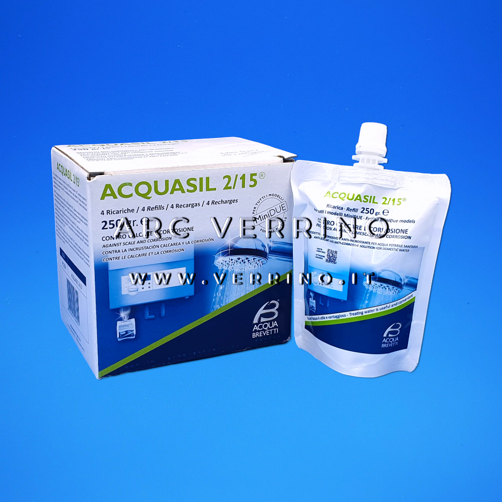 Anticorrosivo e antincostrante Acqua Brevetti ACQUASIL 2/15 ricariche per acqua potabile sanitaria | per tutti i modelli di pompe MiniDUE - Confezione 4 ricariche da 250 gr.