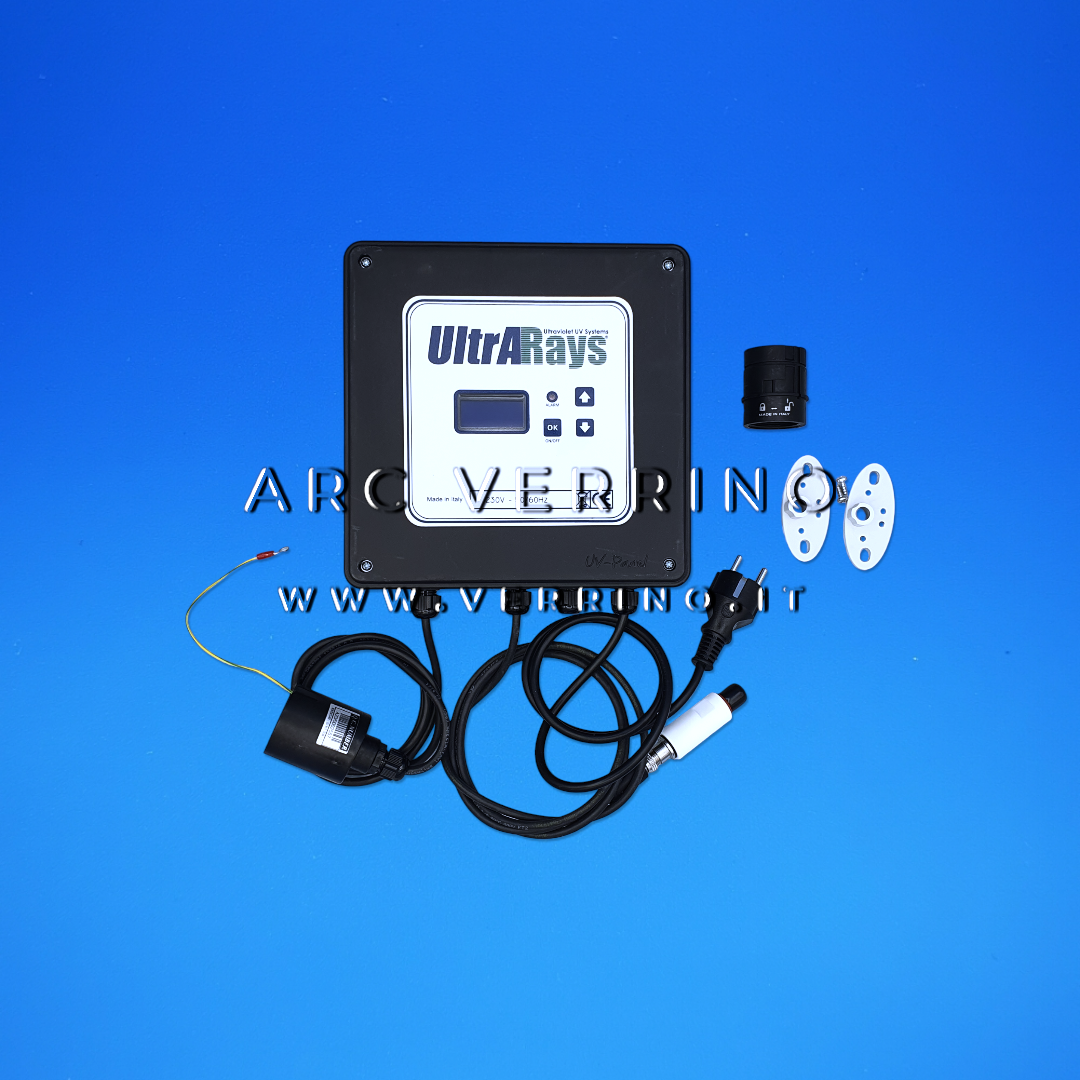 
                  
                    Sistema UV completo LCD PRO - Sterilizzatore acqua a raggi ultravioletti in acciaio Inox 304 con quadro e lampada UV G13 40 W | UltraRays 1 M
                  
                
